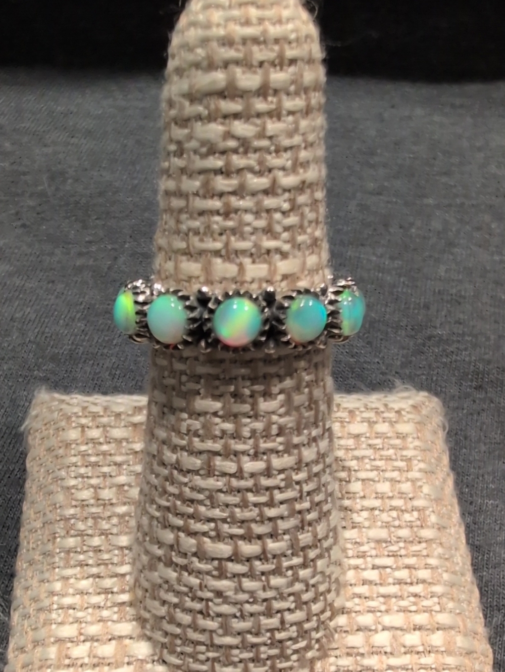 Opal Eternity Band Sterling Silver Ring - White/Green Iridescent